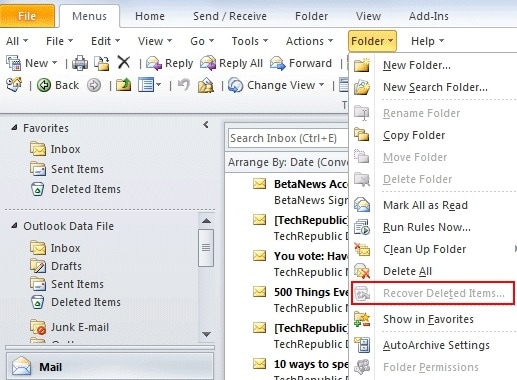 Menú de recuperación de elementos eliminados de Outlook 2010