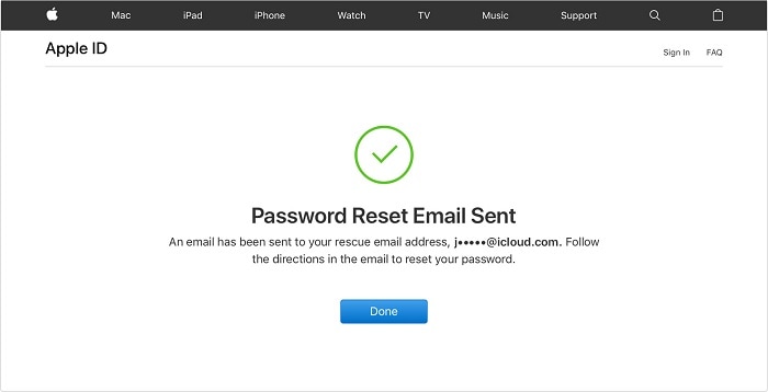Correo electrónico de restablecimiento de Apple enviado