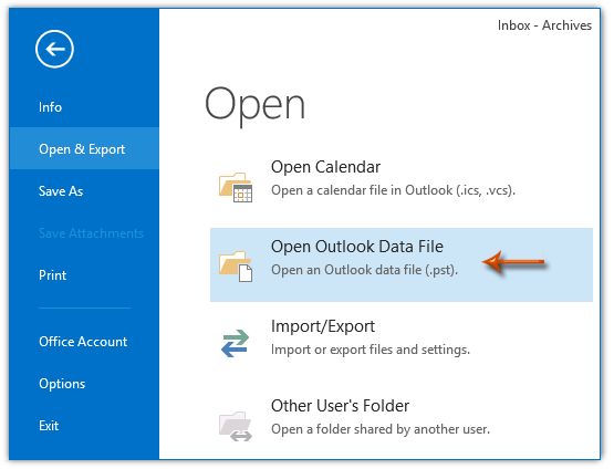 select the open outlook data file