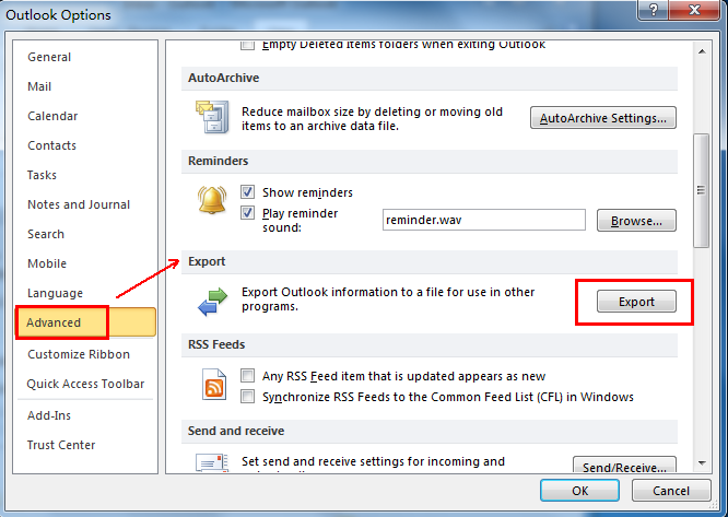 seleccionar opciones avanzadas en Outlook