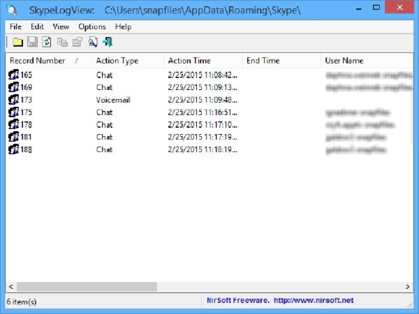 buka file db dengan menggunakan software skypelogview