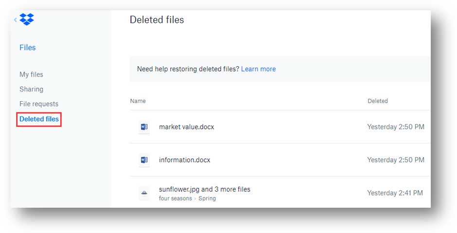 scanning deleted files page in dropbox