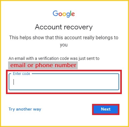 Digite o código de verificação do Gmail