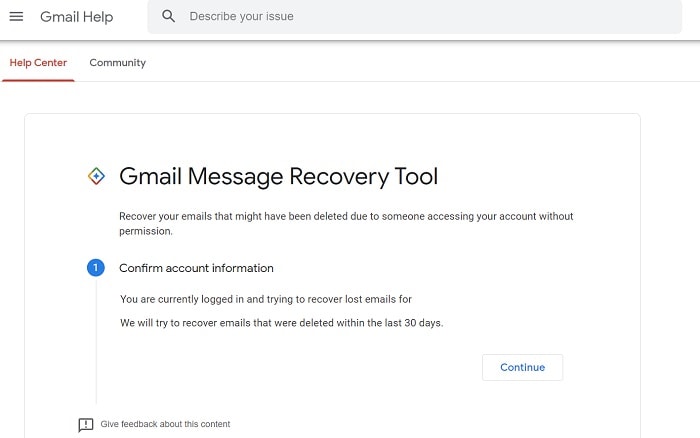 Recuperação de mensagem do Gmail