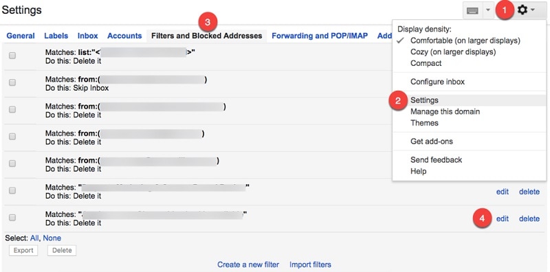 Filtros de Gmail y direcciones bloqueadas