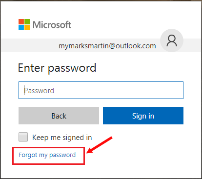 Go to forget password in outlook