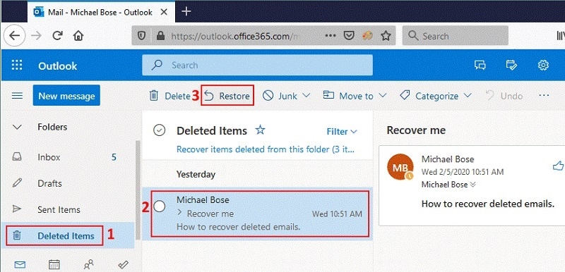 Restaurar elementos eliminados en Outlook 365 