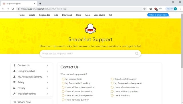 Snapchat Support Pagina