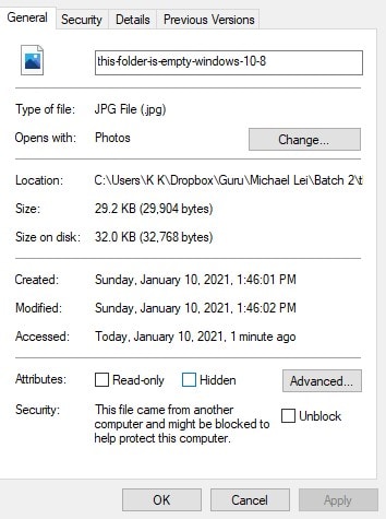Remove hidden file attribute in Windows 10