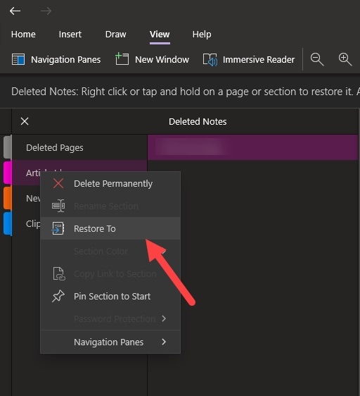 restoring onenote notebook from deleted notes