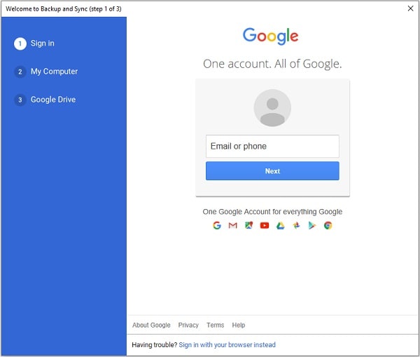 Anmeldung bei Google Backup and Sync