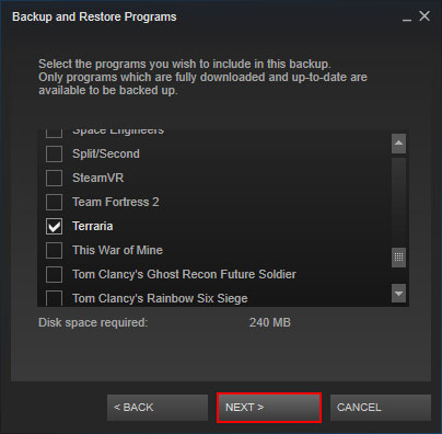 Spiele für Steam Backup auswählen