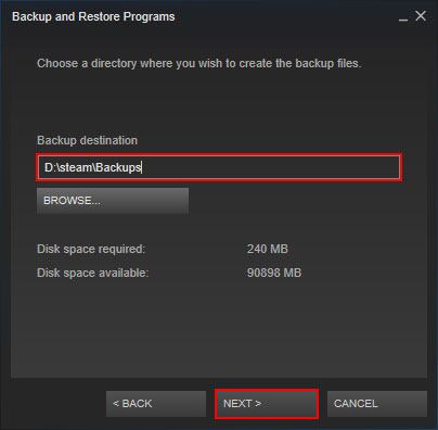 Select Steam Backup Location