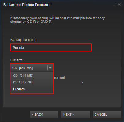 Set Steam Backup Size