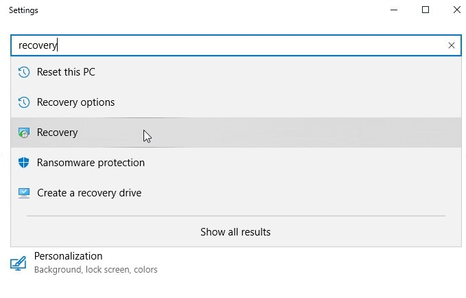 search for recovery in the windows settings