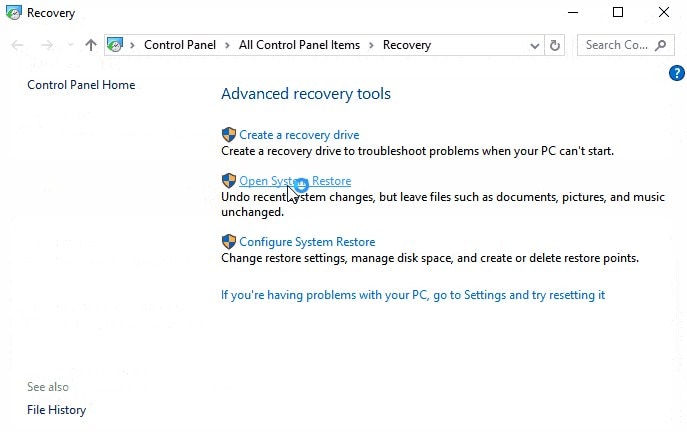 haz clic en recovery > abrir system restore > siguiente