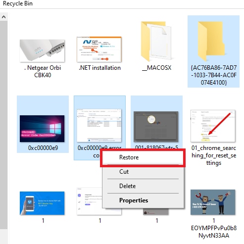 Restore photos or images from recycle bin
