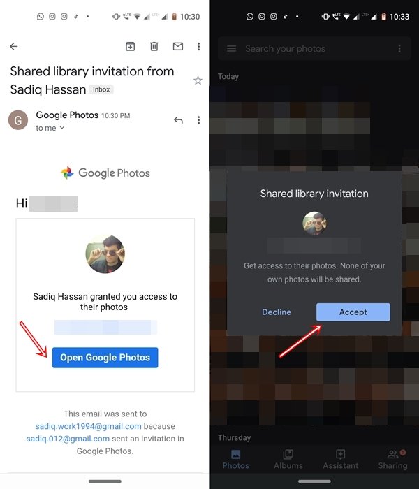 Send invitation for sharing library on Google Photos