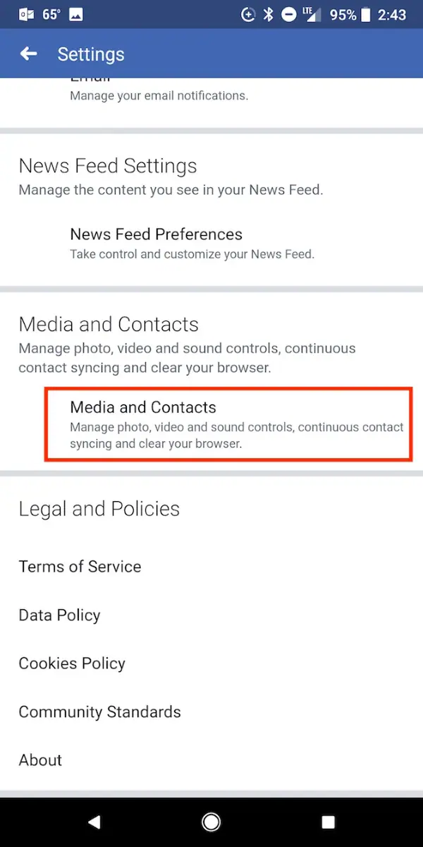 access media and contacts option