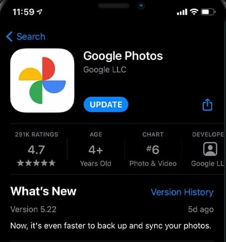Atualização do Google Fotos para iPhone