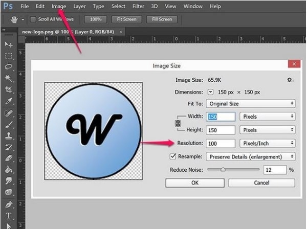 access the image size feature on photoshop