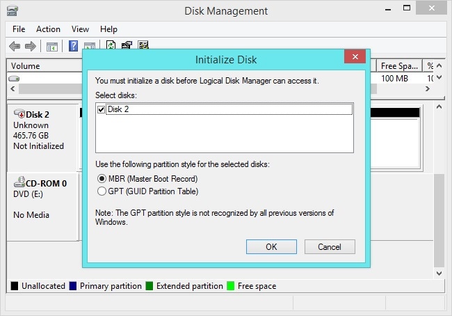 Disk Management Select Partition Style