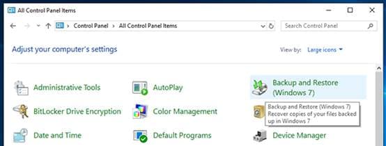 select backup and restore in control panel