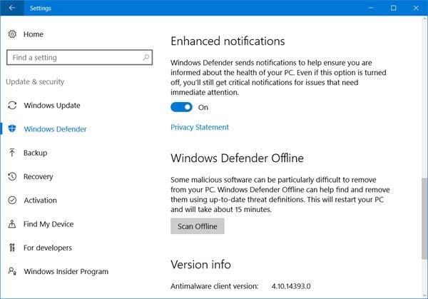 Wählen Sie die Option Windows Defender