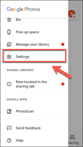 Look for settings option in Google Photos