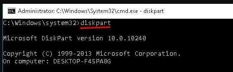 typing diskpart command into cmd window