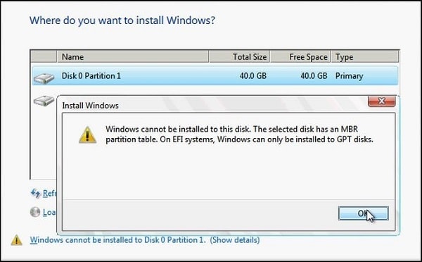 Error de disco de Windows MBR