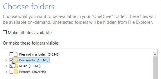 Select folder to Sync in OneDrive