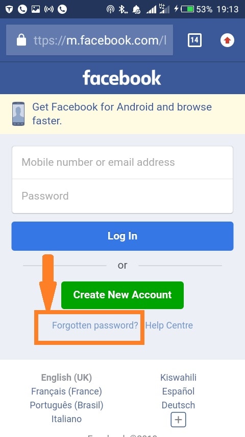Click on forgotten password on Facebook
