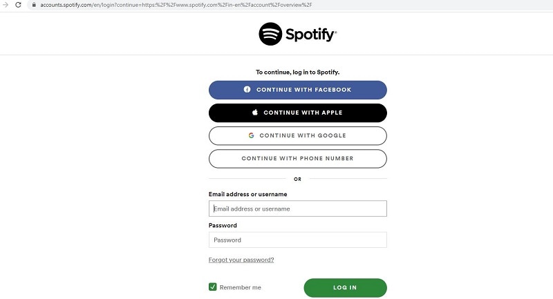 Accesso a Spotify sul browser