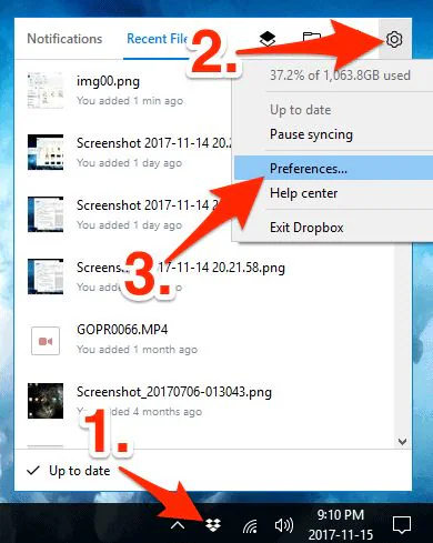 Sélectionnez Préférences Dropbox