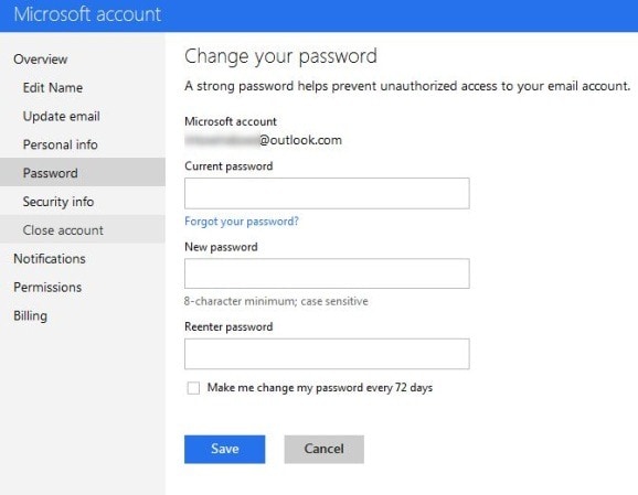 Type new password on MSN account