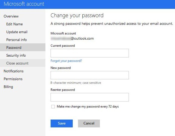 Digitare la nuova password dell'account MSN