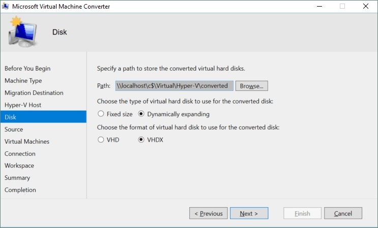 
specify the path for storing converted virtual hard disks