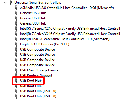 root hub do menu dos controladores usb do gerenciador de dispositivos