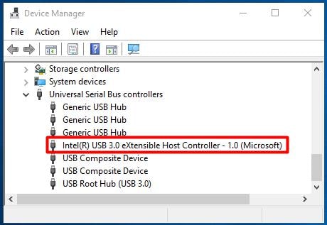 device manager usb controllers menu