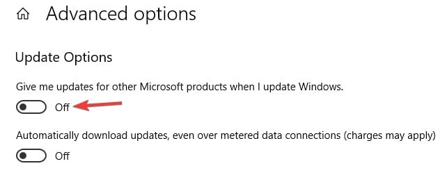 disable the microsoft  products update option