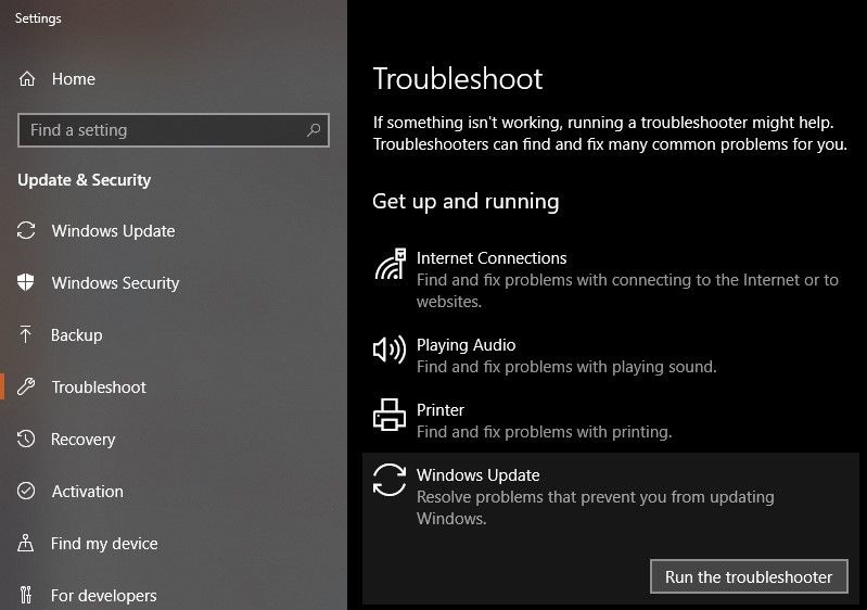 Ventana de solución de problemas de Windows 10