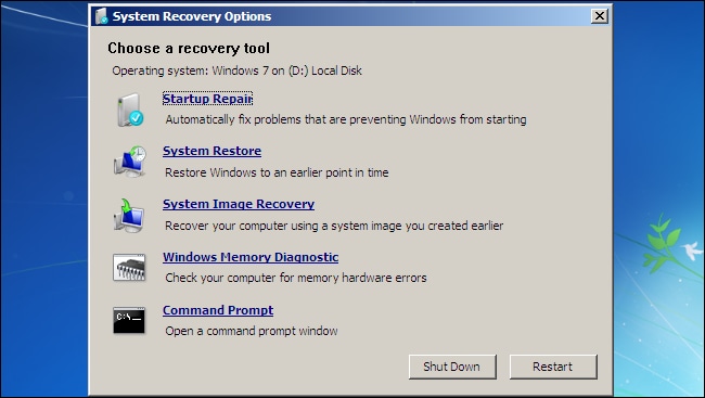 Systemwiederherstellungsoptionen für Windows 7