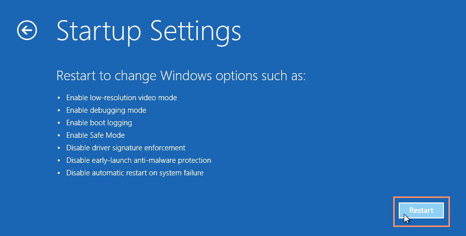 Startup settings window