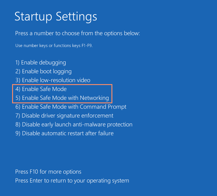 Startup settings window for safe mode