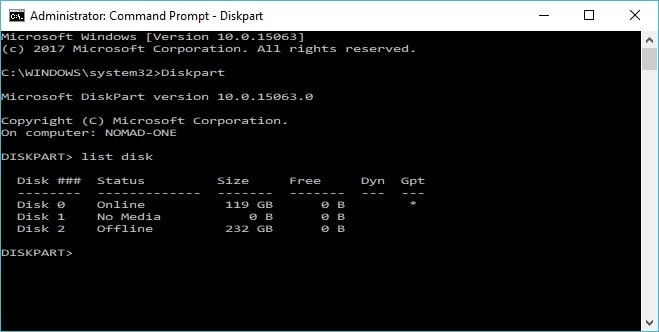 
type list disk command