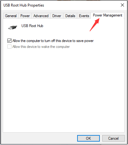 power management inside usb root hub