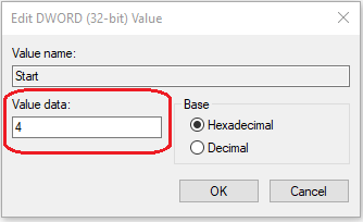 change value data to 4 to disable