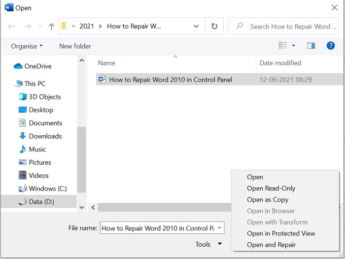 MS Word Open and Repair 