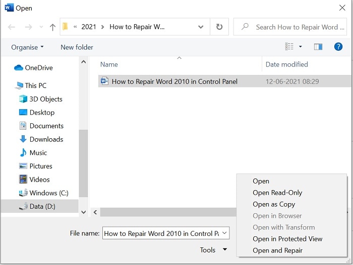  MS Word Open and Repair